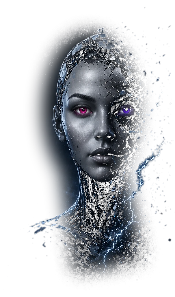 A silver humanoid figure formed from shattered glass, lightning arcing around her as her pink and violet eyes ignite